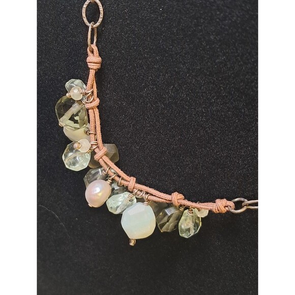 Peyote Bird Green Gray Silver Gemstone Bead Mix Wax Cord Chain Necklace 17" NWT - Picture 5 of 10